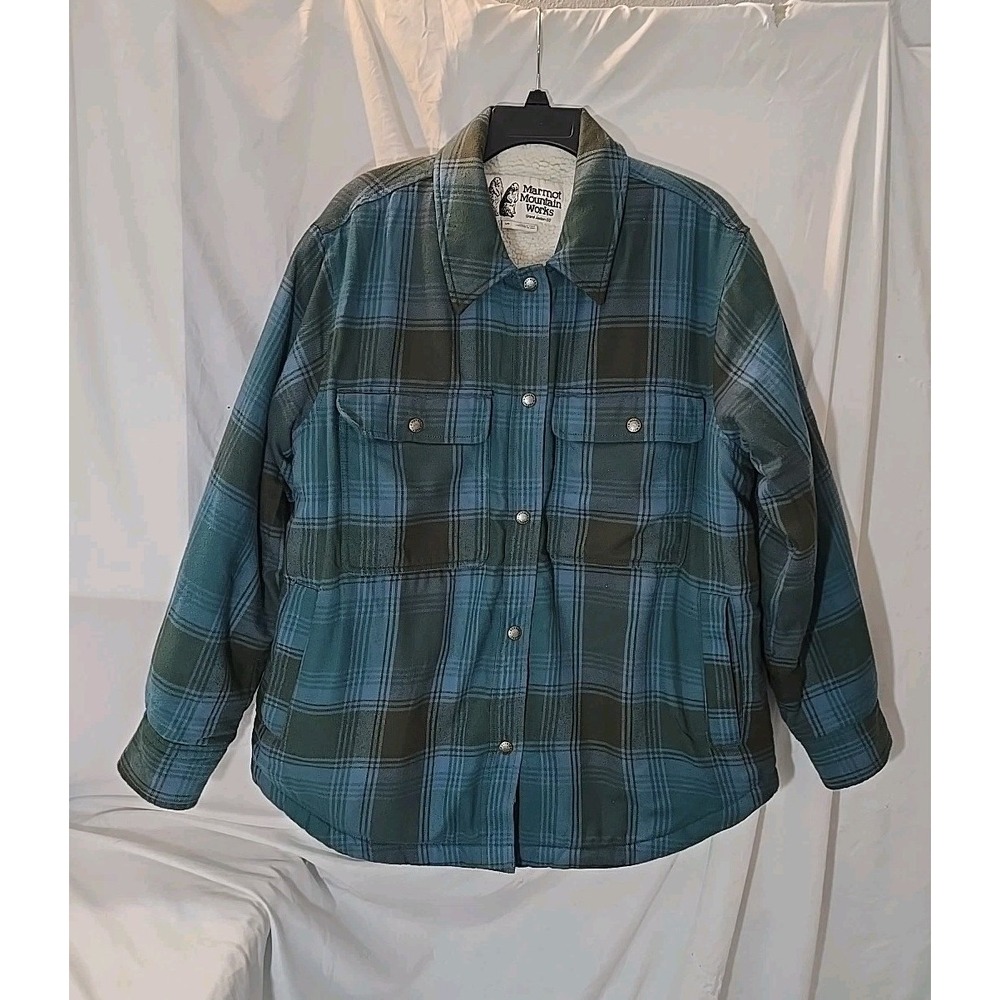 Marmot Mountain Works Sherpa Lined Flannel Shacket Blue/green Plaid Men's Size L